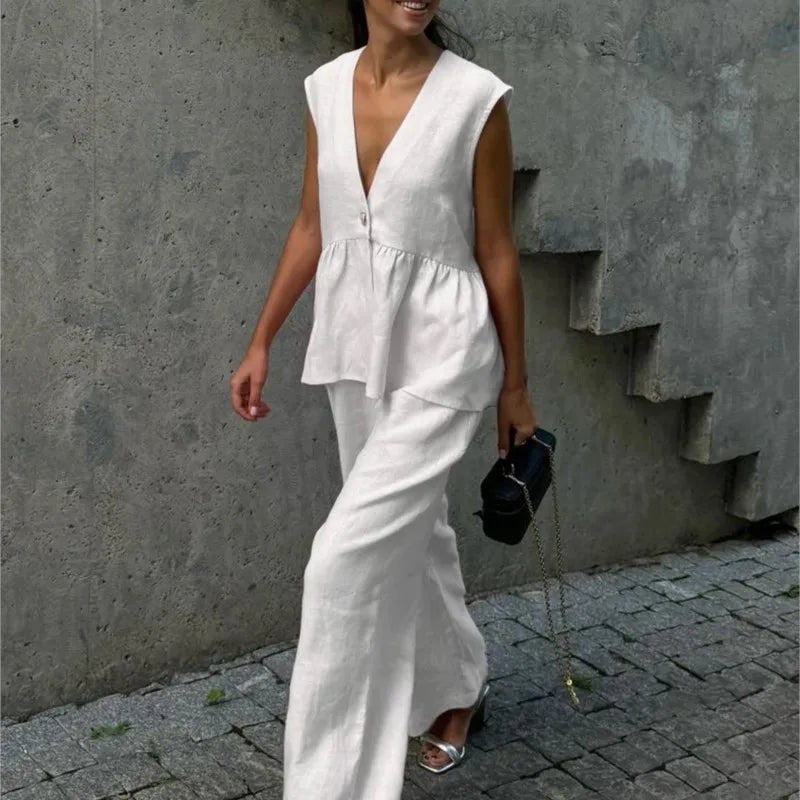 Fashion Women's Trouser Suits Sleeveless V-Neck Top Women Casual Straight Pants Sets Summer Women's Suit Commuter 2 Piece Set