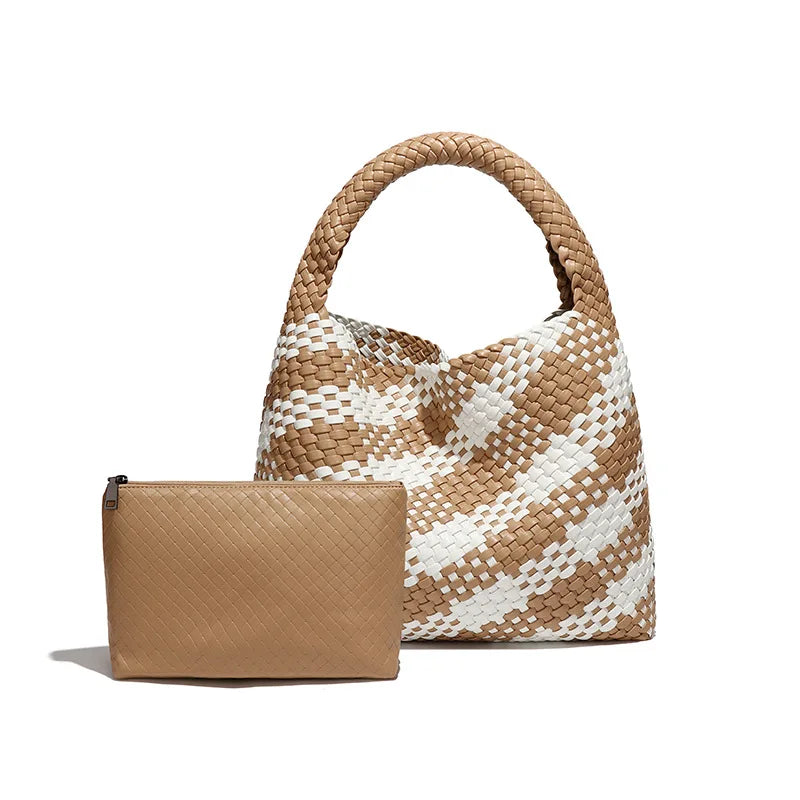 2025 Women Bag Luxury PU Leather Handbag Lady Fashion Handmade Knitting Tote Female Hand-woven Basket Shoulder Bag with Purse