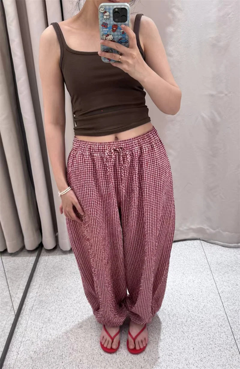Women's Plaid Drawstring Lantern Pants