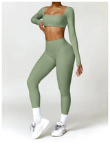 2-Piece Women's High-Waist Yoga Set – Seamless Long Sleeve Workout Suit