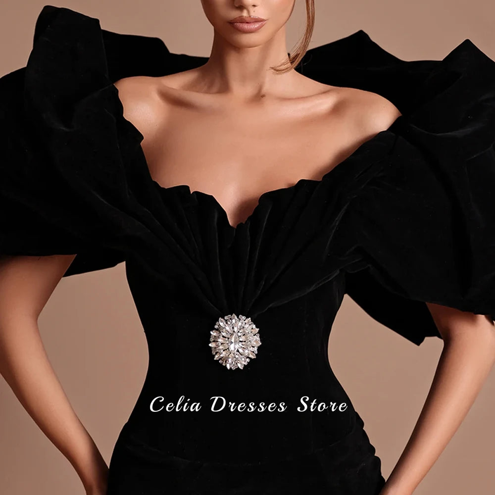 Velour Mermaid Evening Gown | Off-Shoulder Crystal