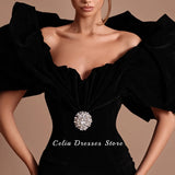 Velour Mermaid Evening Gown | Off-Shoulder Crystal