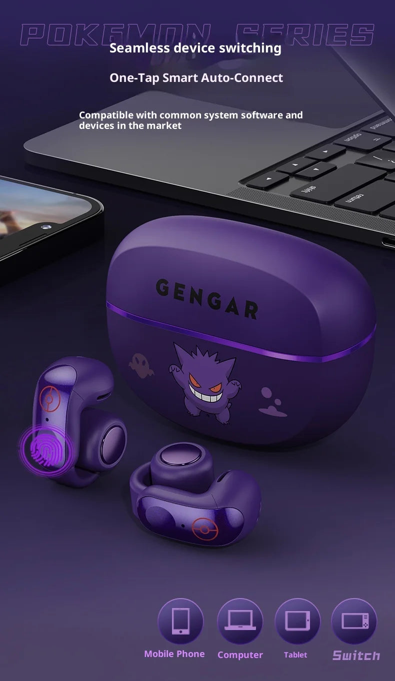 Gengar PokéMon Bluetooth Headset Ear Clip Hifi Stereo Wireless Game Sports Earbuds Long Battery Life Trendy Anime Gift