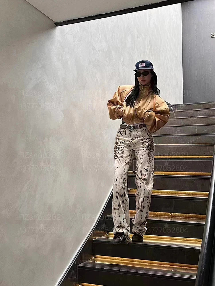 Women's High-Waisted Leopard Wide Leg Jeans | Y2K Vintage