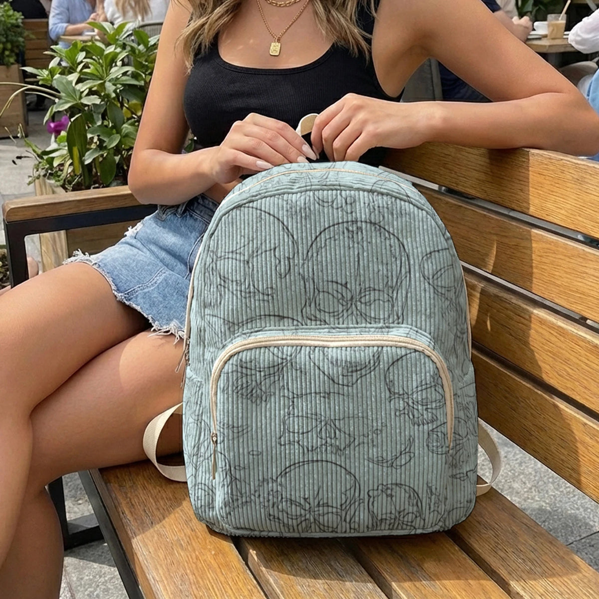 Gothic Skull Allover Print Women Fashion Backpack Corduroy Multi-pocket Large Capacity Commuter Bag