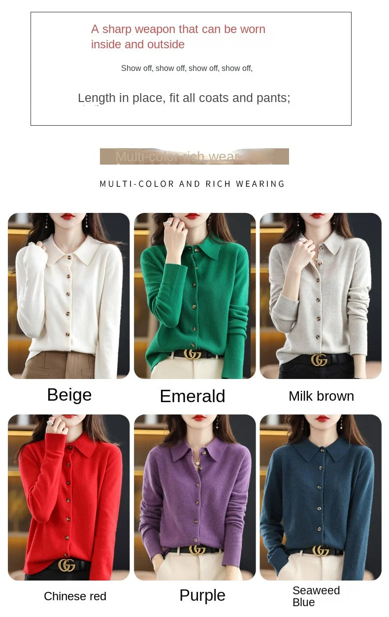 Polo Collar Spun Wool Cardigan – Elegant Single-Breasted Knit Jacket