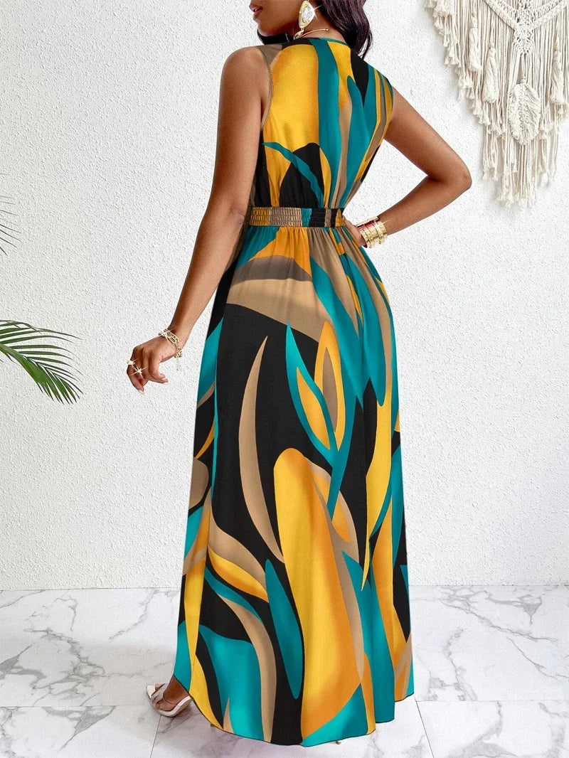 Abstract Print Sleeveless V-Neck Maxi Dress