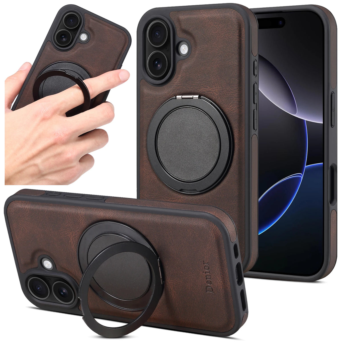 iPhone Faux Leather Case with 360° Ring Stand