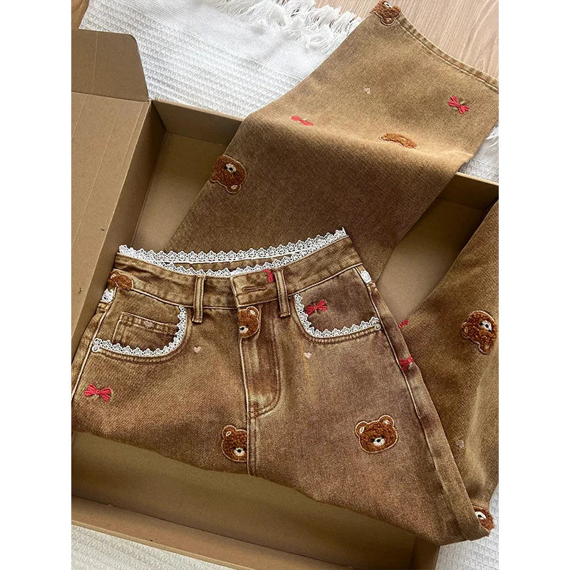 Lace Teddy Bear Patchwork Wide-Leg Jeans