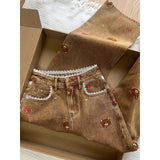 Lace Teddy Bear Patchwork Wide-Leg Jeans