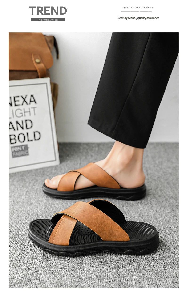Mens Leather Slippers Comfortable Breathable Summer Big Size Sandals for Men with Soft Sole