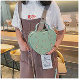 Female Sweet Lace Heart Round Handbags High Quality PU Leather Cross Body Bags for Women Small Fresh Flower Chain Shoulder Bags