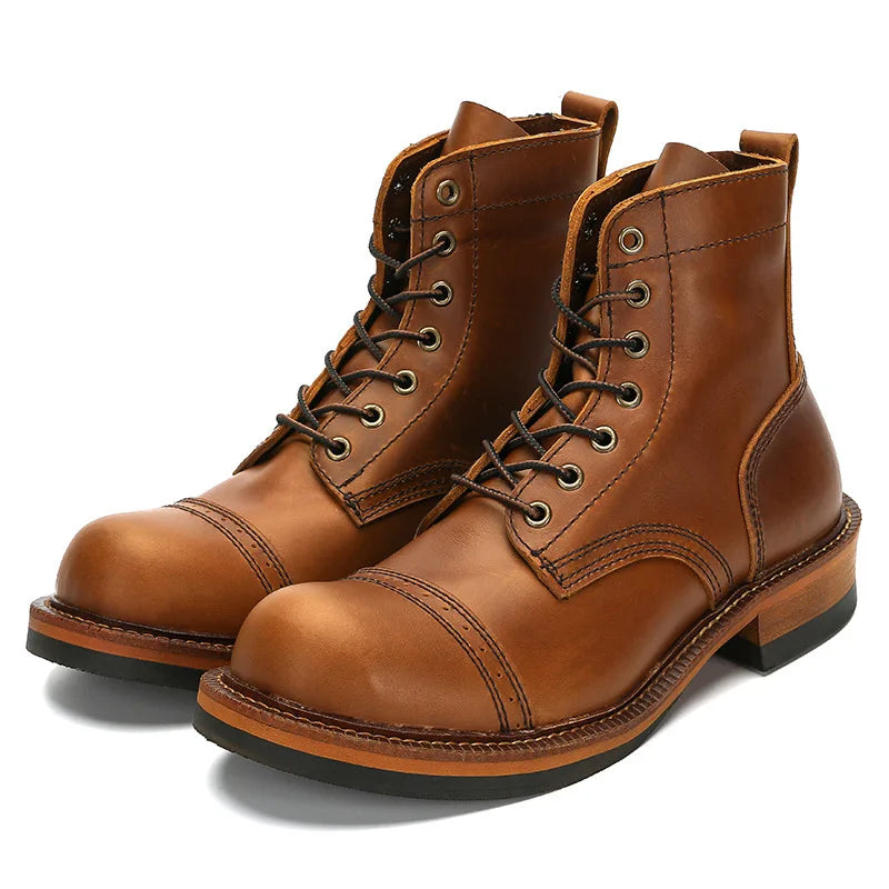 KOWM cow leather Hiking shoes Brown trekkin boots men  low cut workwear big toe shoes trendy casual ankle shoes walking sneakers