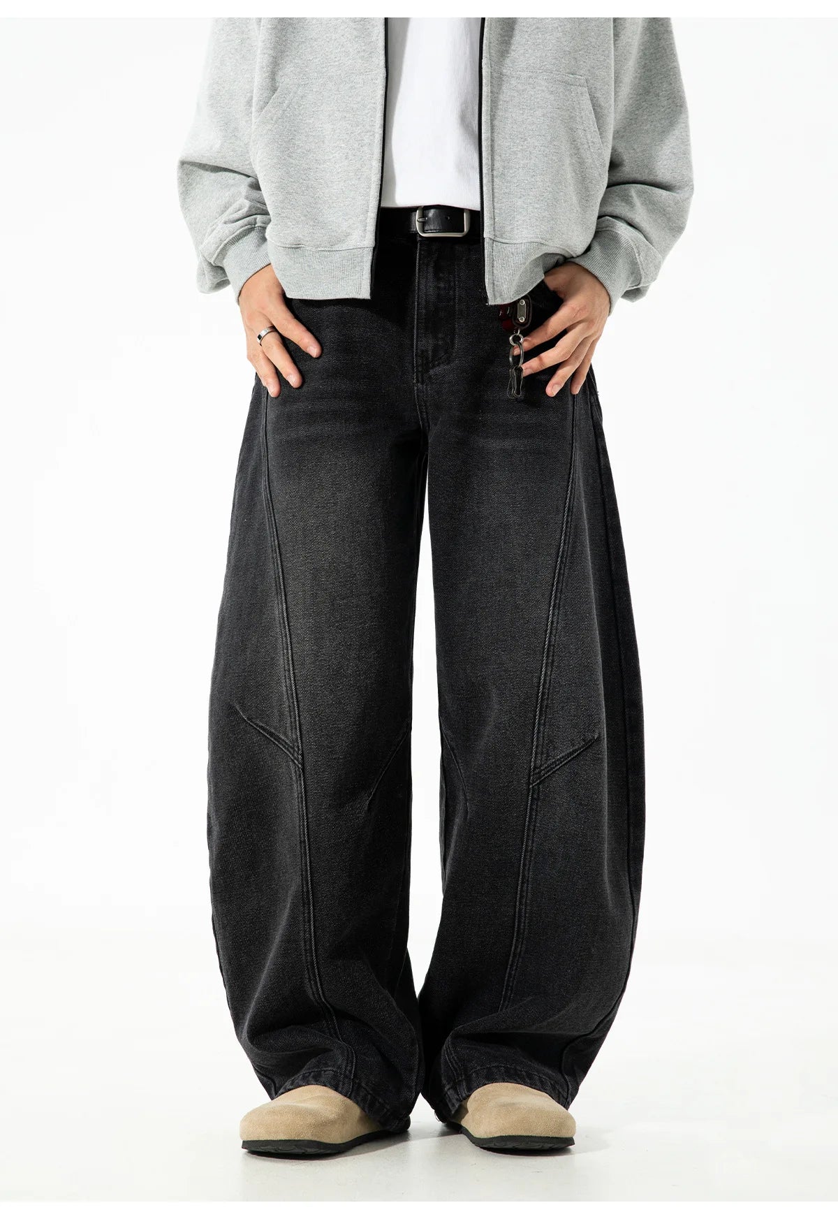 Autumn Retro Structured Split Washed Distressed Curved Jeans with Men's Silhouette Loose Straight Leg Pants Trendy Street Style