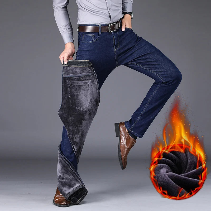 New Men's Fleece Warm Jeans Winter Thicken Plush Velvet Business Office Denim Trousers Brand Clothing Stretch Casual Male Pants