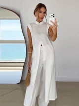 Women Pant Set Stand Collar Lace Sheer Sleeveless Split Front Top Wide Leg Solid Pant Casual Elegant Two Piece Set For Ladies