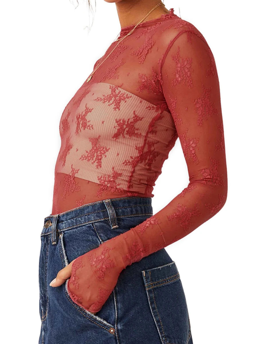 Floral Lace Sheer Mesh Long Sleeve Top