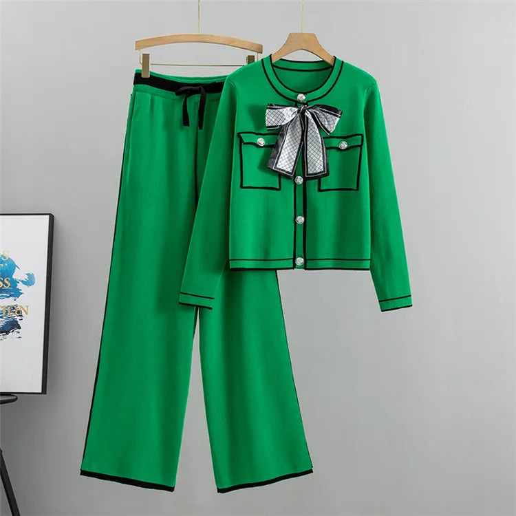 Autumn Women’s Elegant 2-Piece Pleated Set – Knit Bowknot Top & Wide Leg Pants