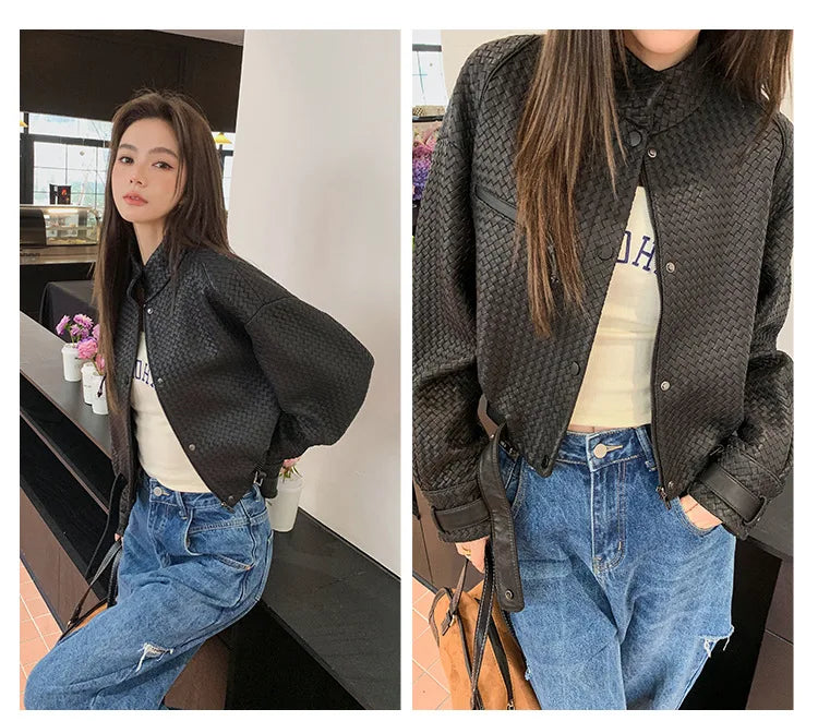 Natural Sheepskin Coat Women Autumn European and American Fashion Short Motorcycle Casual High Quality Hand-Woven Leather Jacket