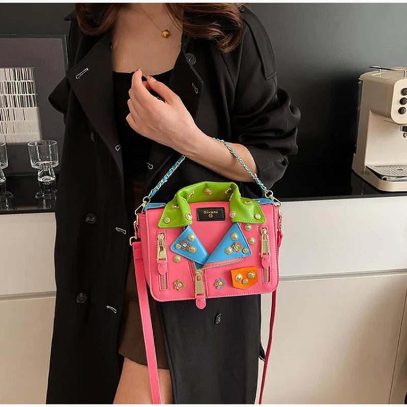 Jacket Collar Shaped Crossbody Shoulder Bag,Women Metal Flower Studded Handbag ,Niche Designer Streetwear Fashion Rivet Tote Bag