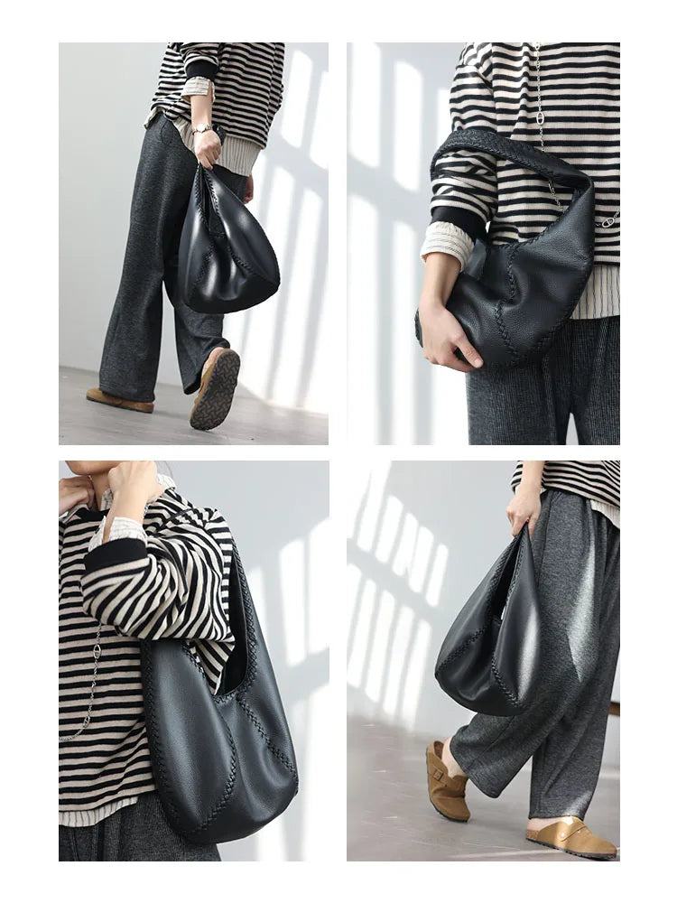 JAZZQ Soft Cowhide Leather Hobo Tote | Hand-Woven Detail