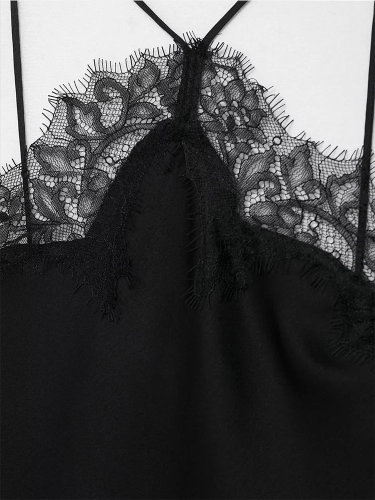 Elegant Lace Spliced Sling Dress: Sleeveless Backless Chic