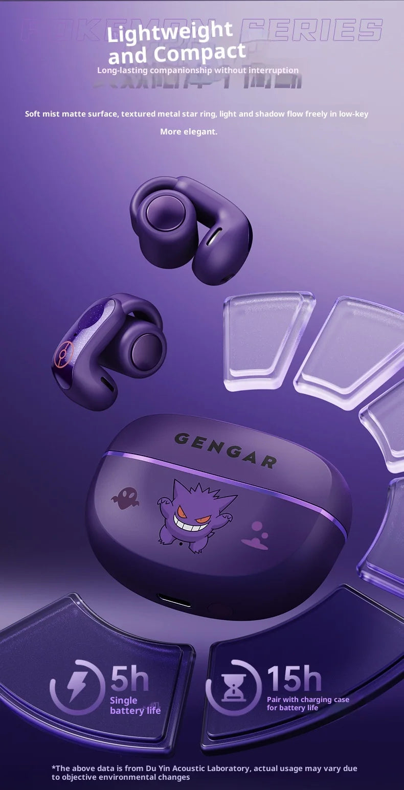 Gengar PokéMon Bluetooth Headset Ear Clip Hifi Stereo Wireless Game Sports Earbuds Long Battery Life Trendy Anime Gift