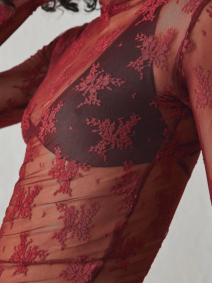 Floral Lace Sheer Mesh Long Sleeve Top
