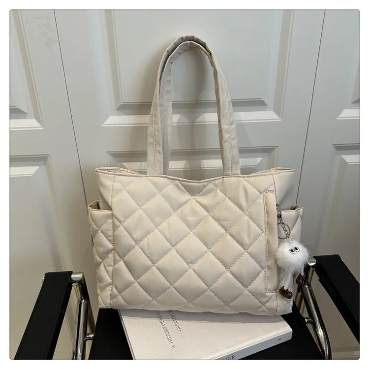 Multi Pocket Women Mailman Bag Diamond Patterned Cotton Clothing Shoulder Bag Large Capacity Tote Bag Casual Nylon Shoulder Bag