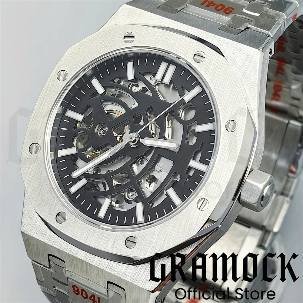 Gramock 41mm NH70 Watch Hollowed Out Dial Sapphire Crystal With Green Luminous NH70 Automatic Mechaninal Movement Waterproof