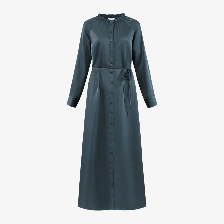 Elegant Ruffled-Neck Satin Dress