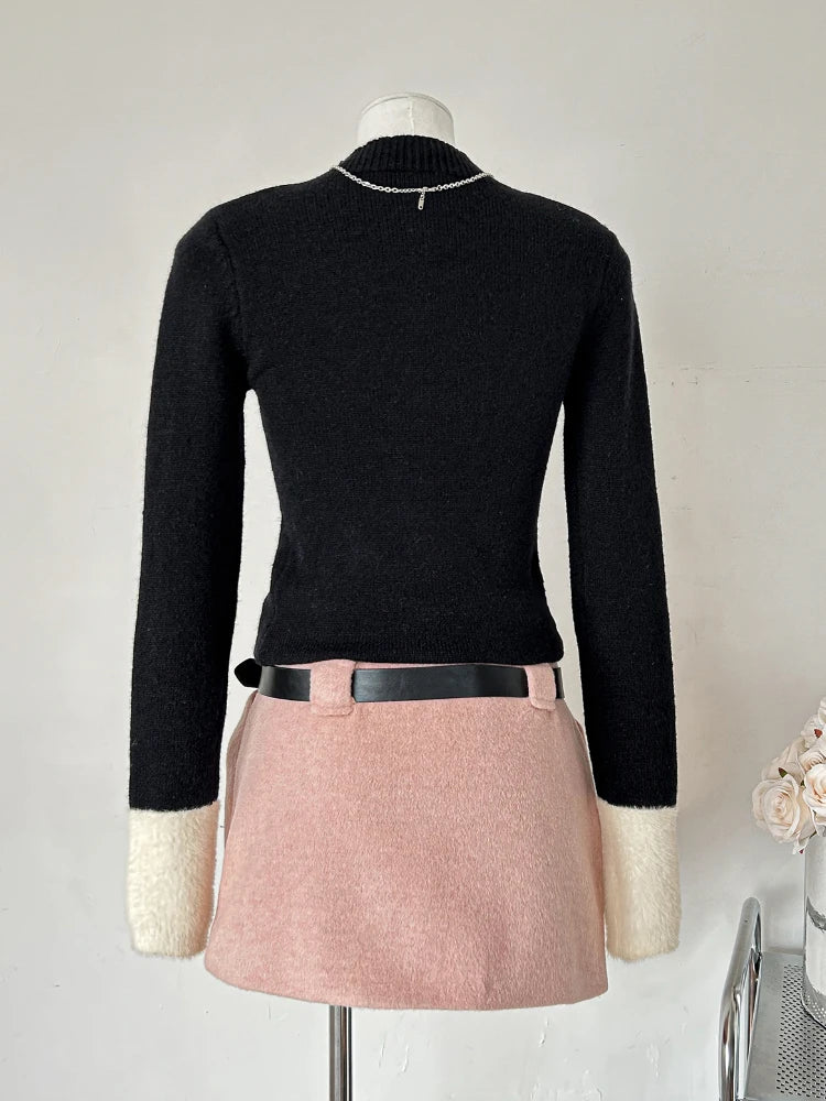 Winter Vingate New 2 Piece Set Women Patchwork Elegant Y2k Knitted Skirt Suit Female Korean Fashion Design Casual Belt Set 2025