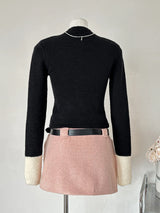 Winter Vingate New 2 Piece Set Women Patchwork Elegant Y2k Knitted Skirt Suit Female Korean Fashion Design Casual Belt Set 2025