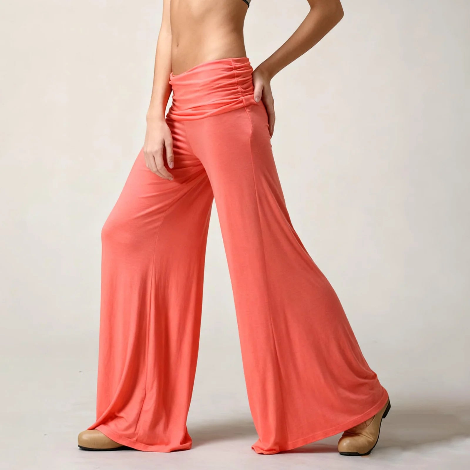 Women's Flowy Wide Leg Yoga Pants High Waisted Fold-Over Stretchy Palazzo Pants Soft Comfy Dance Pants for Pilates Daily Casual