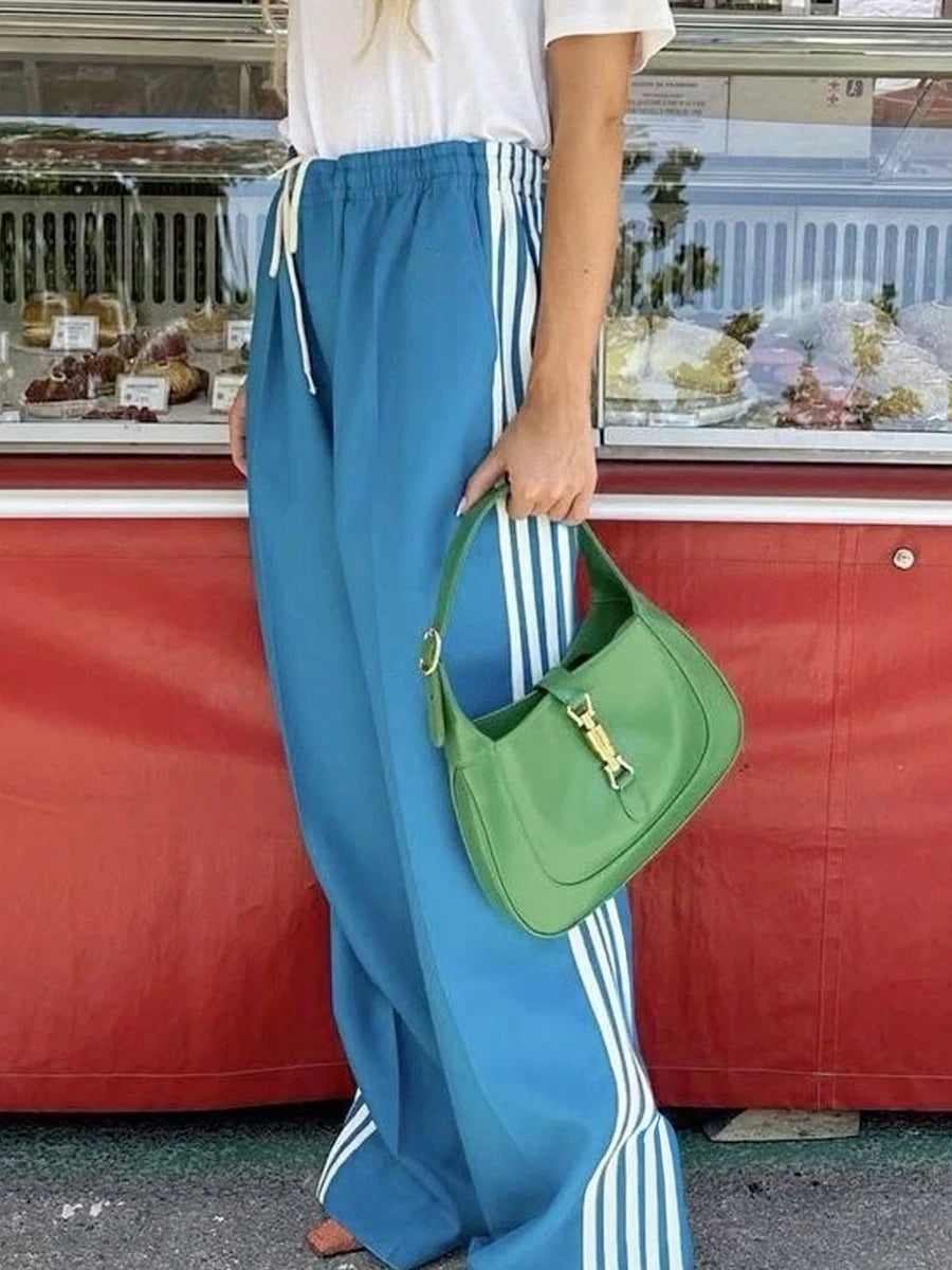 Women's Striped Drawstring Straight-Leg Pants