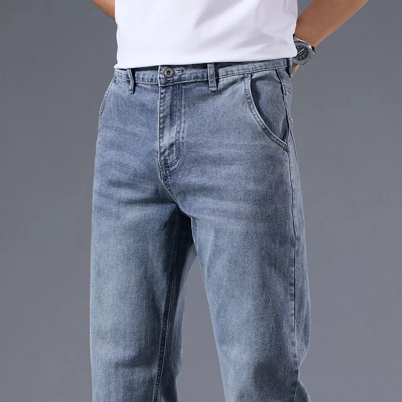 Men's Winter Fleece Thicken Lightweight Business Straight Leg Jeans Solid Color Versatile Slight Elastic Long Pants
