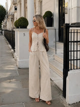 Mueyaruho Women 2026 Summer Office Pant Set Suits Solid Beige Outfits 2 Two Piece Wide Leg Matching Set For Women