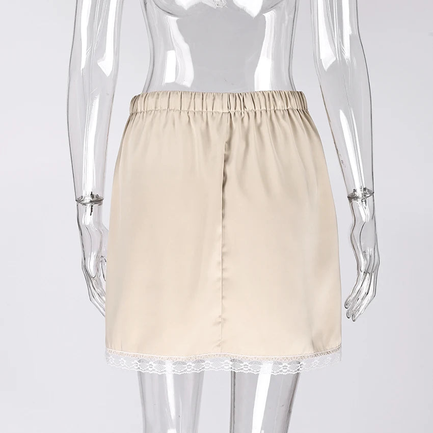 Linad Lace Satin Mini Skirt – Drawstring High Waist