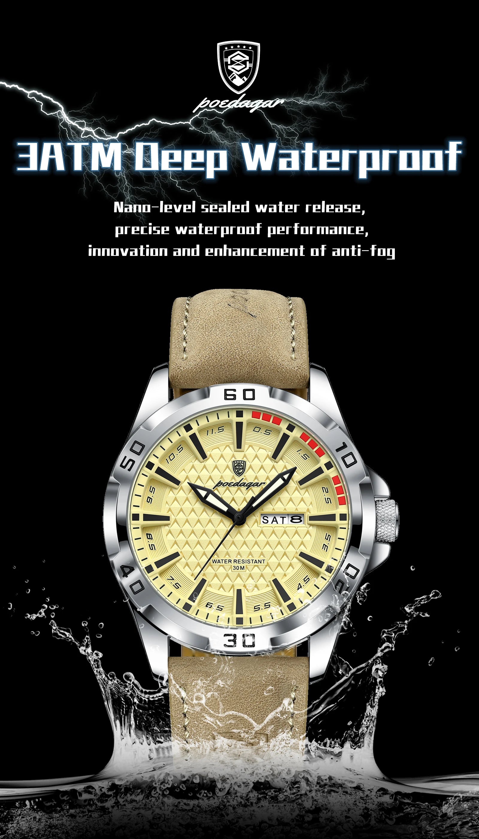 POEDAGAR Original Business Man Wristwatch Waterproof Luminous Date Week Casual Watch For Men Quartz Leather Luxury Fashion Men's Watches Reloj