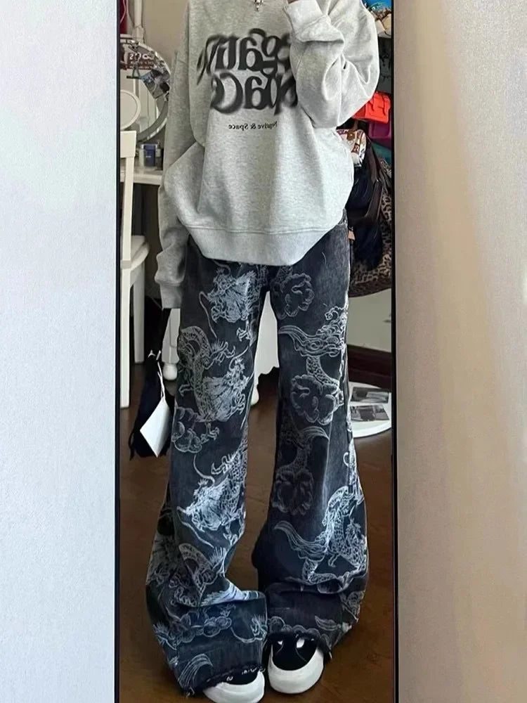 Y2K Dragon Print Baggy High-Waist Denim Jeans for Women