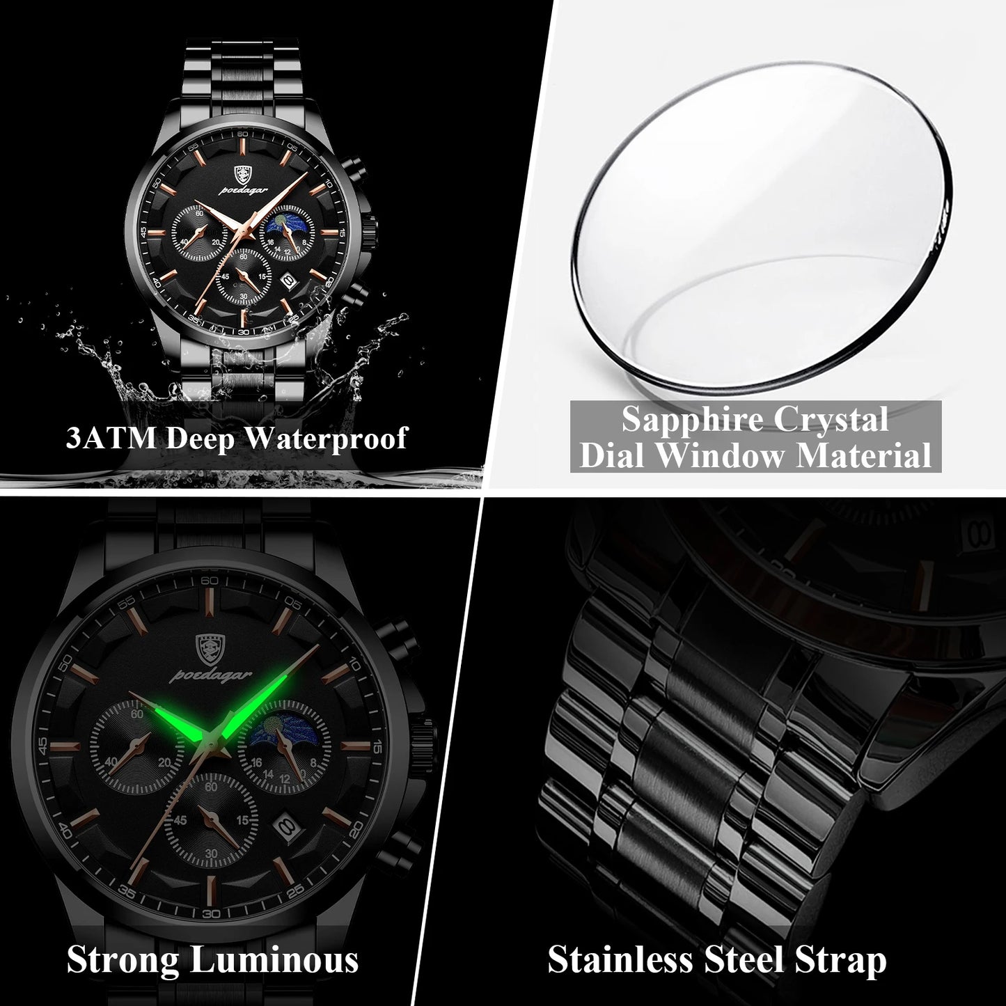 POEDAGAR 928 Men's Luxury Chronograph Watch | Luminous & Waterproof