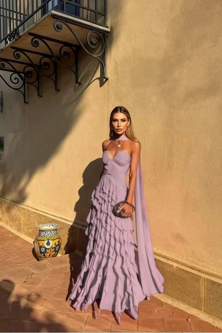 Halter Sweetheart Ruffle Chiffon Evening Gown | Maxi Dress