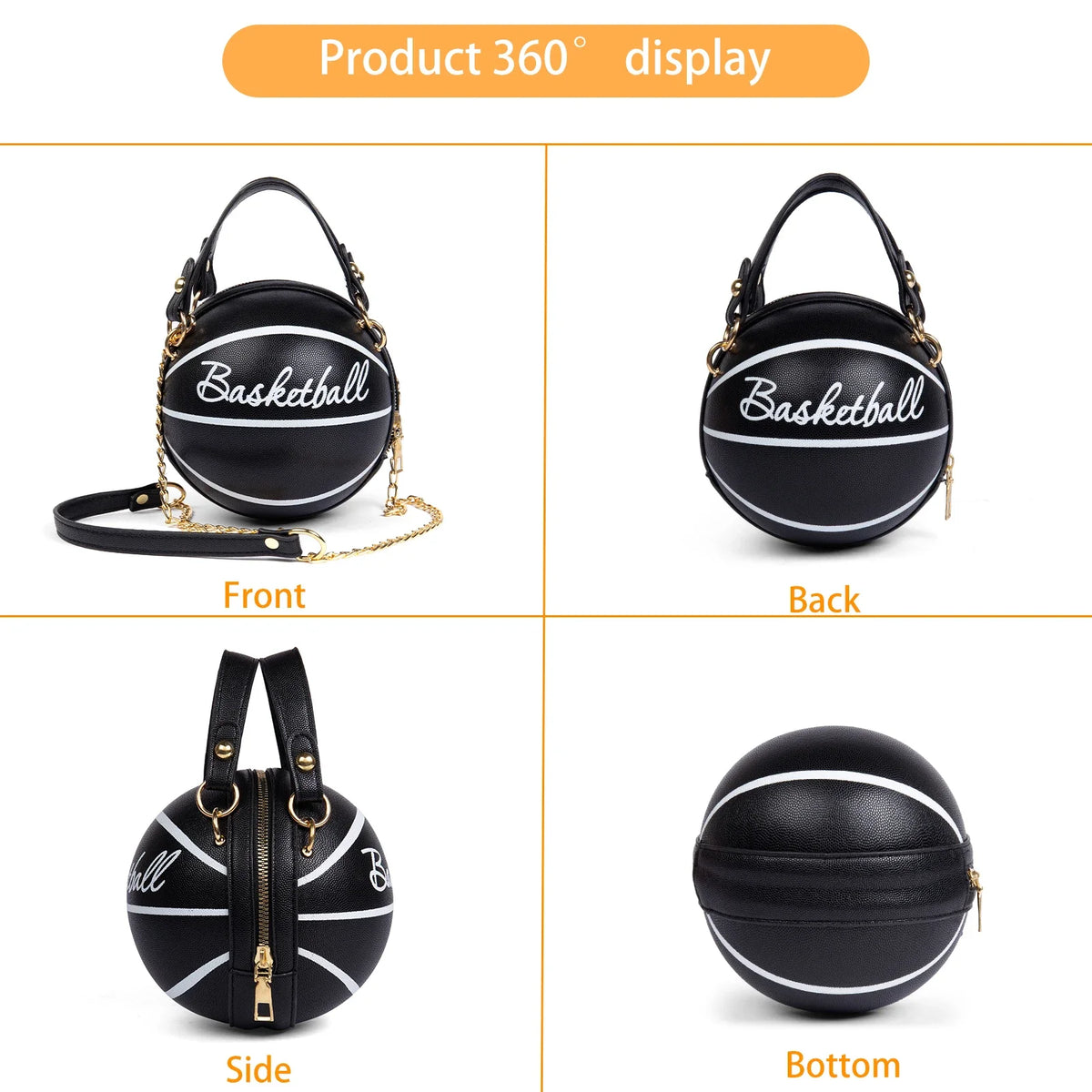 Basketball Shaped Crossbody Bag, Trendy Chain Shoulder Bag, PU Leather Top Handle Circle Purse handbags  women bag