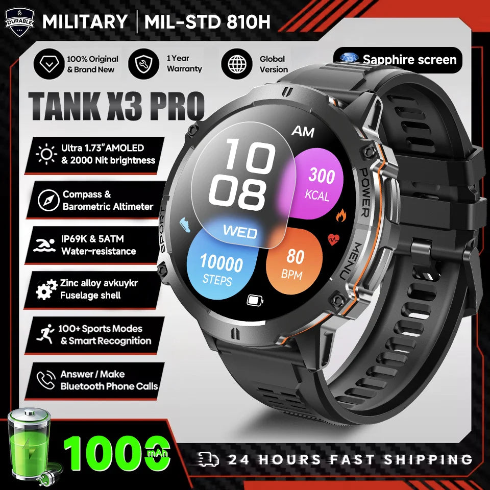 2026 Military Tank X3 Smart Watch | 1000mAh | AMOLED