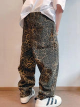 Men's Leopard Print Wide-Leg Denim Jeans