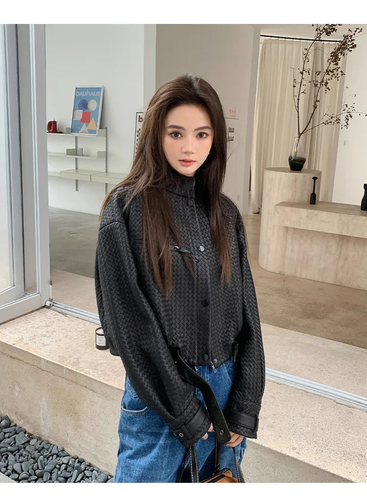 Natural Sheepskin Coat Women Autumn European and American Fashion Short Motorcycle Casual High Quality Hand-Woven Leather Jacket