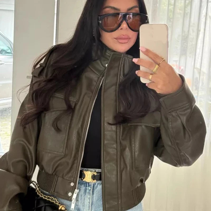 Women's Jacket Faux Leather Jacket Green Women's Demi-Season Jacket Outerwears Women's Autumn New In Coat Windbreaker Streetwear