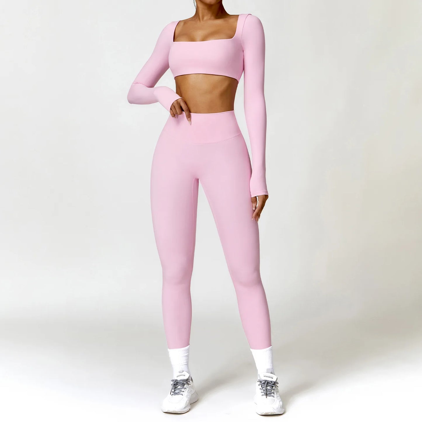 2-Piece Women's High-Waist Yoga Set – Seamless Long Sleeve Workout Suit