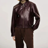 Vintage Wine Red Loose Short Leather Jacket Women Fashion Lapel Long Sleeves Zipper Cropped Coat 2025 Autumn Lady Street Outwear