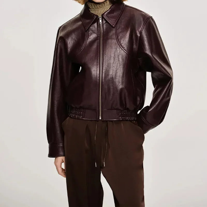 Vintage Wine Red Loose Short Leather Jacket Women Fashion Lapel Long Sleeves Zipper Cropped Coat 2025 Autumn Lady Street Outwear